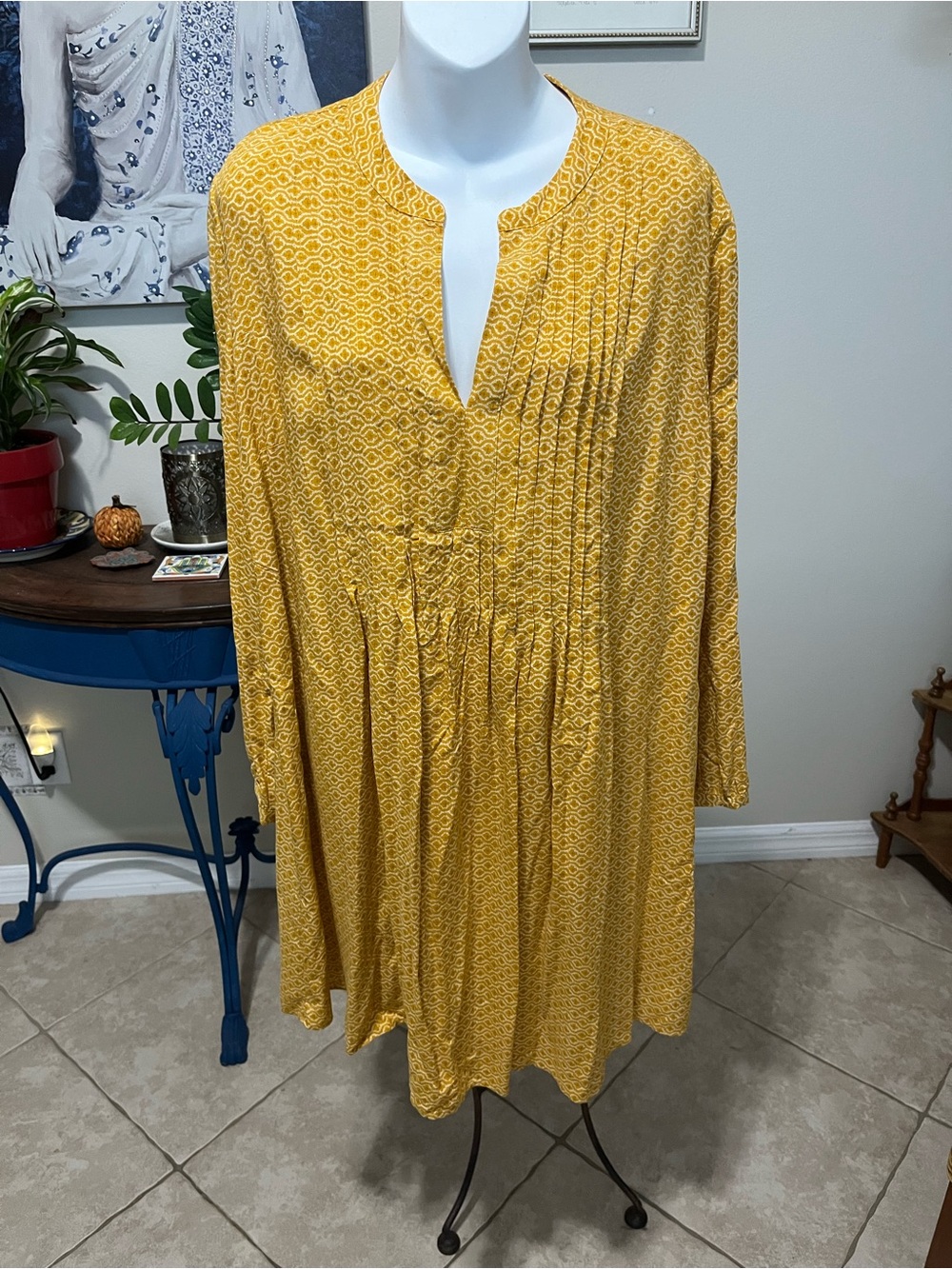Old Navy mustard yellow boho peasant dress geometric print long sleeve L